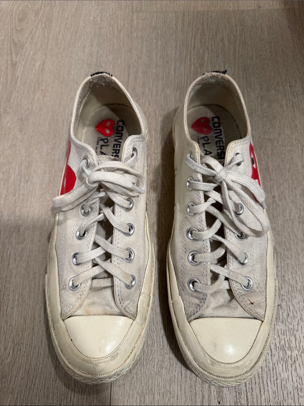 Comme des Garcons PLAY Off-White Canvas Low-Top Sneakers with Red Heart